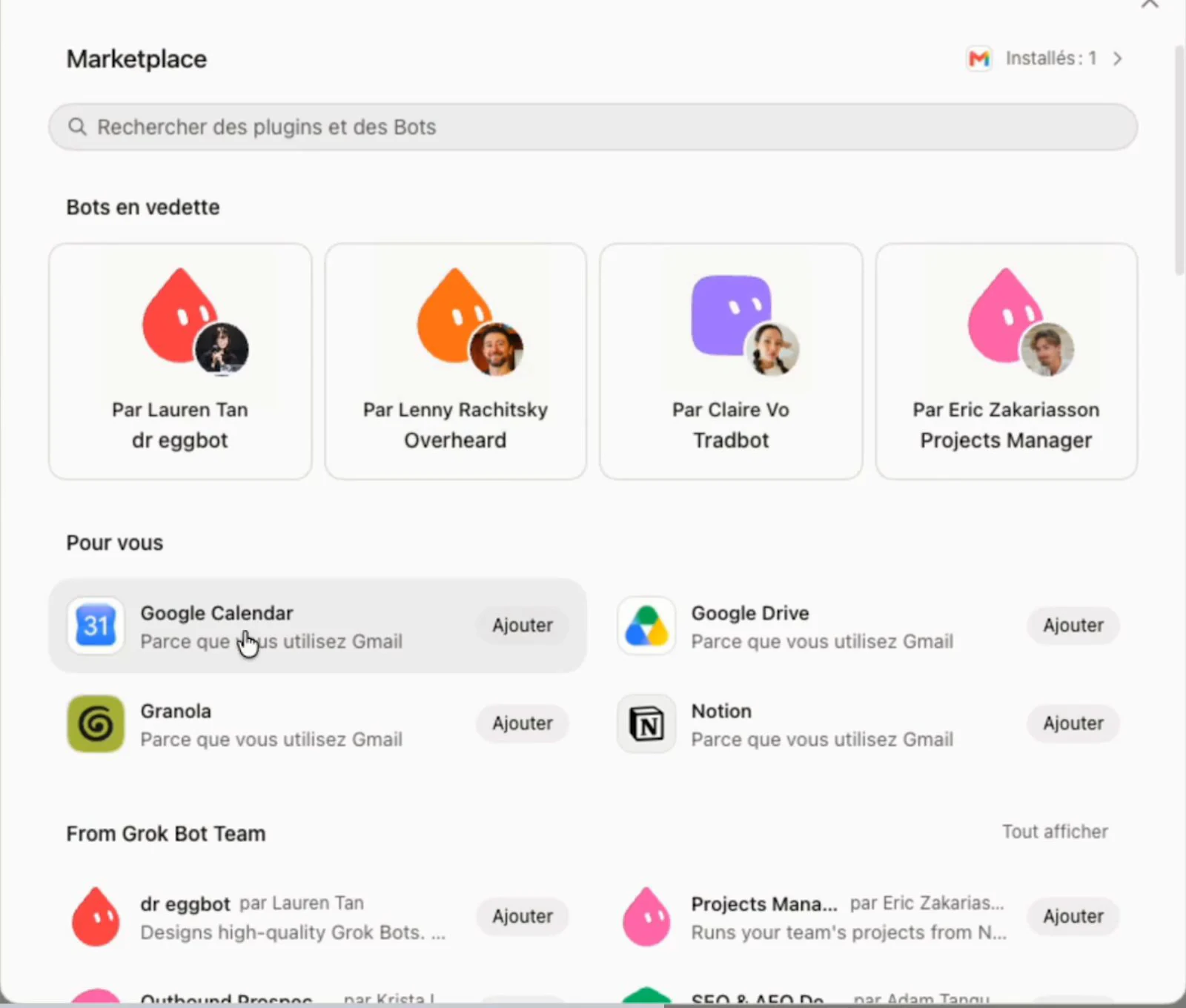Marketplace de Grok Bot : bots en vedette prêts à importer et connecteurs proposés comme Google Calendar, Google Drive et Notion