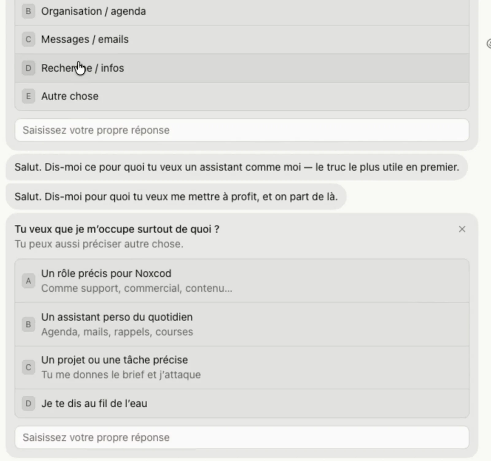 Création d'un bot dans Grok Bot : l'agent demande à quoi il doit servir et propose plusieurs rôles