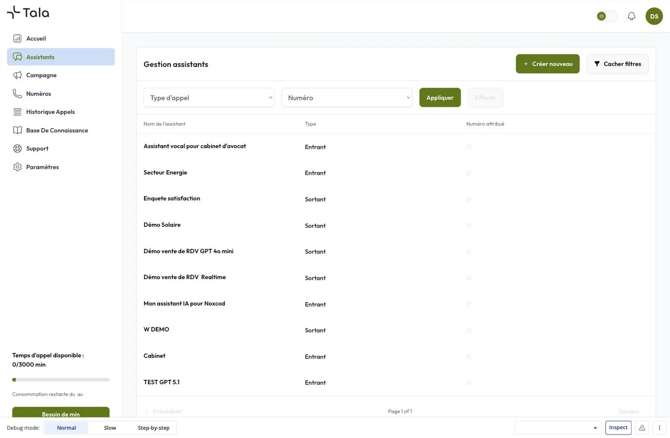 Première version de Tala construite sur Bubble : écran de gestion des assistants vocaux entrants et sortants