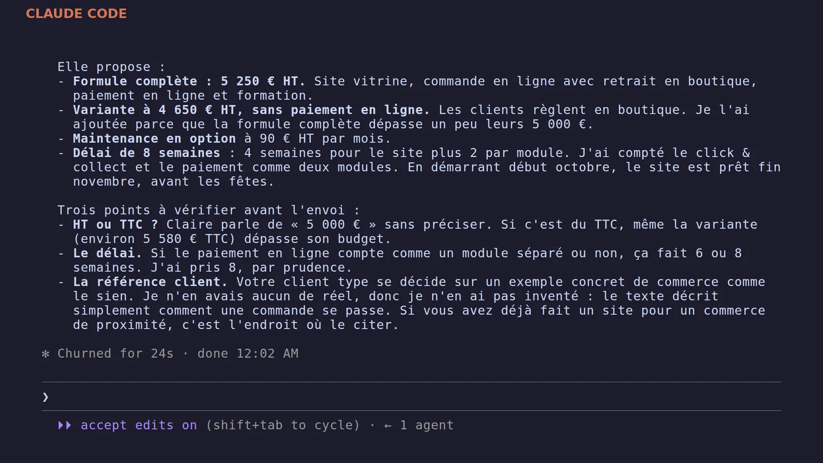 Session Claude Code sur un dossier d'exemple : proposition commerciale chiffrée, construite à partir des tarifs et des contraintes fournis