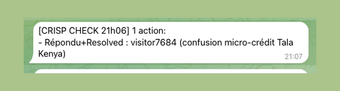 Message Telegram de l'agent support après son passage de 21h06 : une conversation traitée et marquée résolue