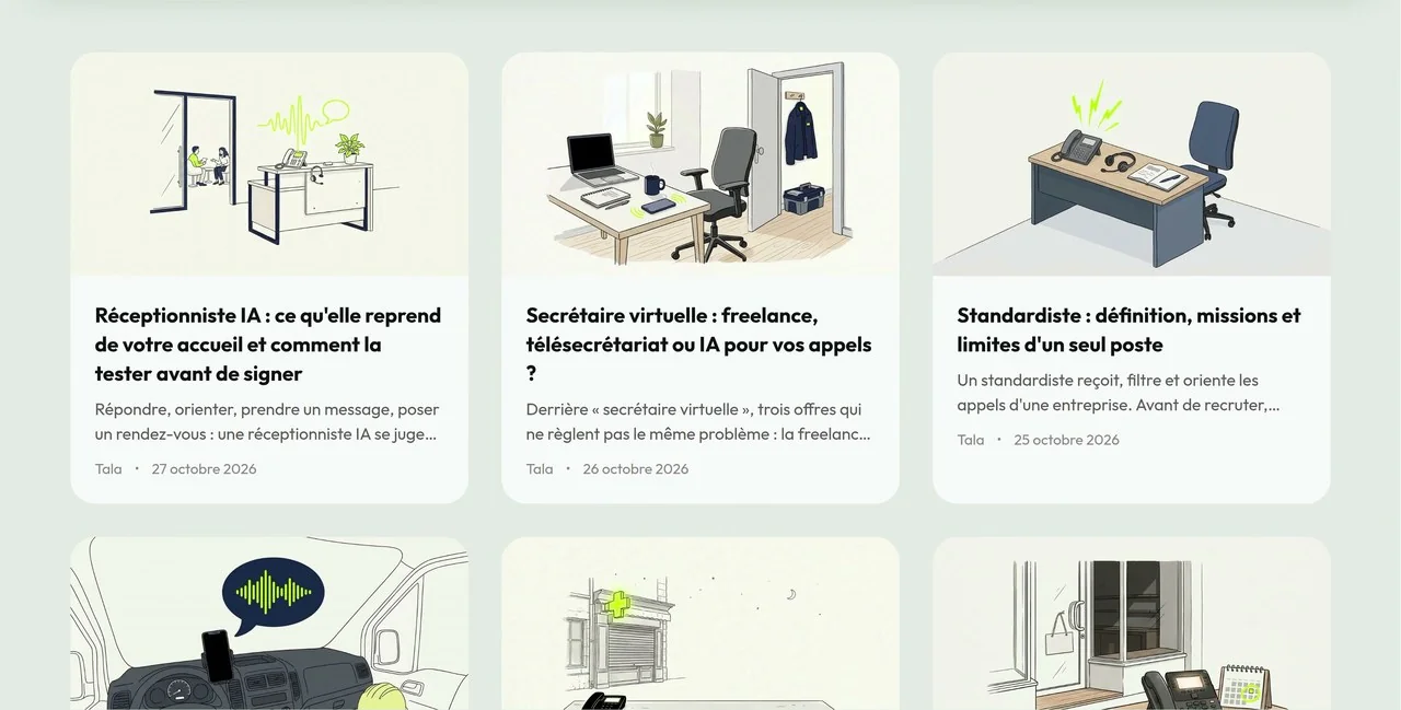 Grille des derniers articles du blog de Tala, chacun avec son illustration, son titre, un extrait et sa date de publication fin octobre 2026